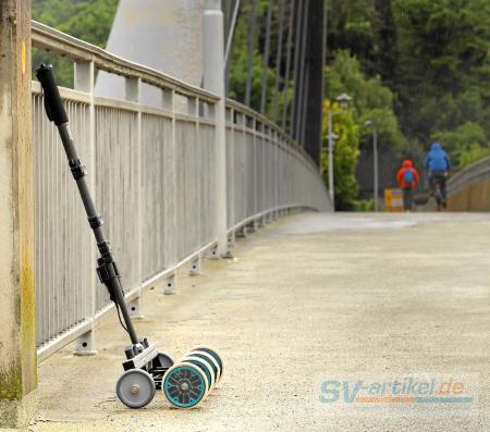 ScreeningEagle / Proceq 4-wheel electrode for the PM8500, leaning against the bridge railing on its own