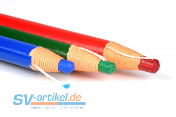 Three wax crayons in red, green and blue with thread