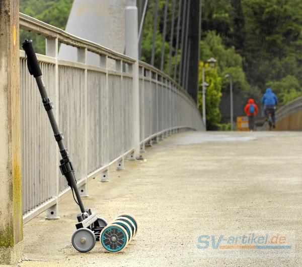 ScreeningEagle / Proceq 4-wheel electrode for the PM8500, leaning against the bridge railing on its own